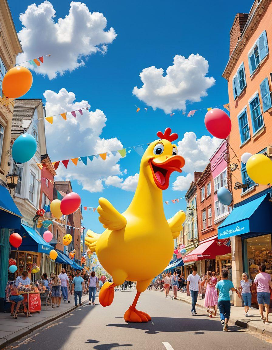 A whimsical street scene filled with cheerful cartoon characters sharing jokes and laughing together. Colorful banners with funny captions flutter in the breeze, while oversized props like a giant rubber chicken and a whoopee cushion add a playful touch. A bright blue sky filled with fluffy clouds enhances the joyful atmosphere. Capture the essence of humor and lightheartedness in a vibrant, fun style. cartoon style. vibrant colors. playful background.