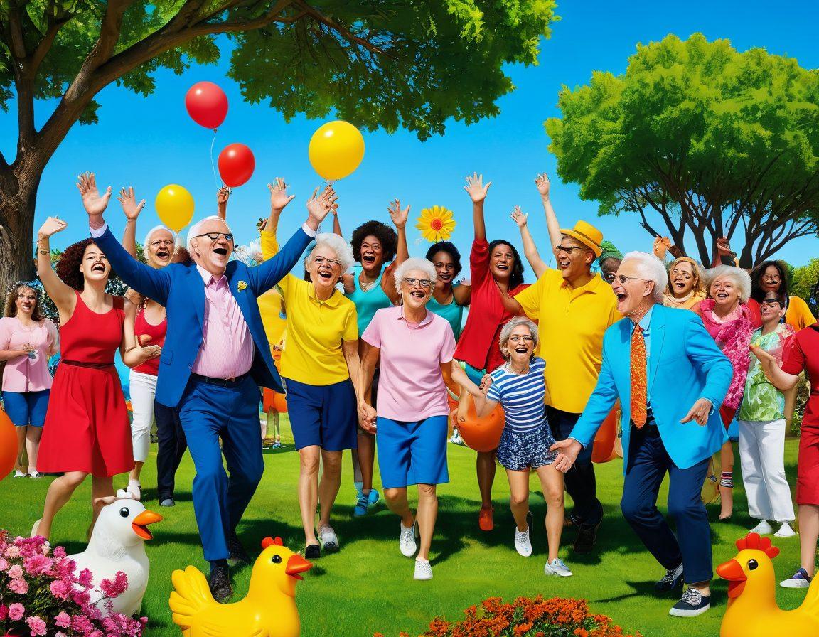 A lively cartoon scene depicting a diverse group of people laughing together, sharing funny anecdotes and jokes in a colorful park setting. Incorporate elements of humor like slapstick comedy props and speech bubbles with jokes. The atmosphere should be joyful and inviting, with bright flowers and a sunny sky. The characters should range in age and background, showcasing a universal appeal of laughter. vibrant colors. cartoon style.