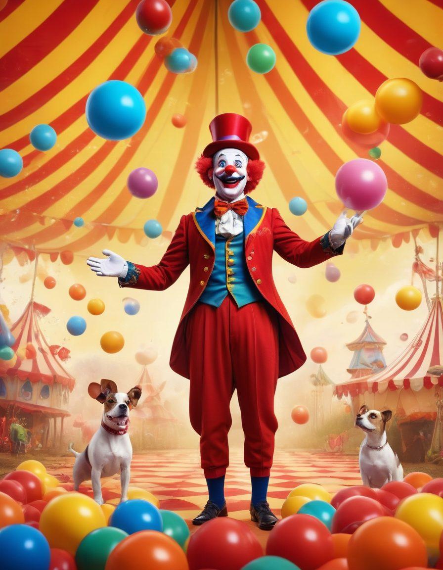 A whimsical circus scene featuring a clown juggling colorful balls, surrounded by surreal elements like floating rubber chickens and oversized mushrooms. Bright laughter bubbles floating in the air, creating an atmosphere of joy and absurdity. The background is a vibrant circus tent with stripes of red and yellow, while playful characters like a silly magician and a funny dog can be seen. cartoon style. vibrant colors. 3D.